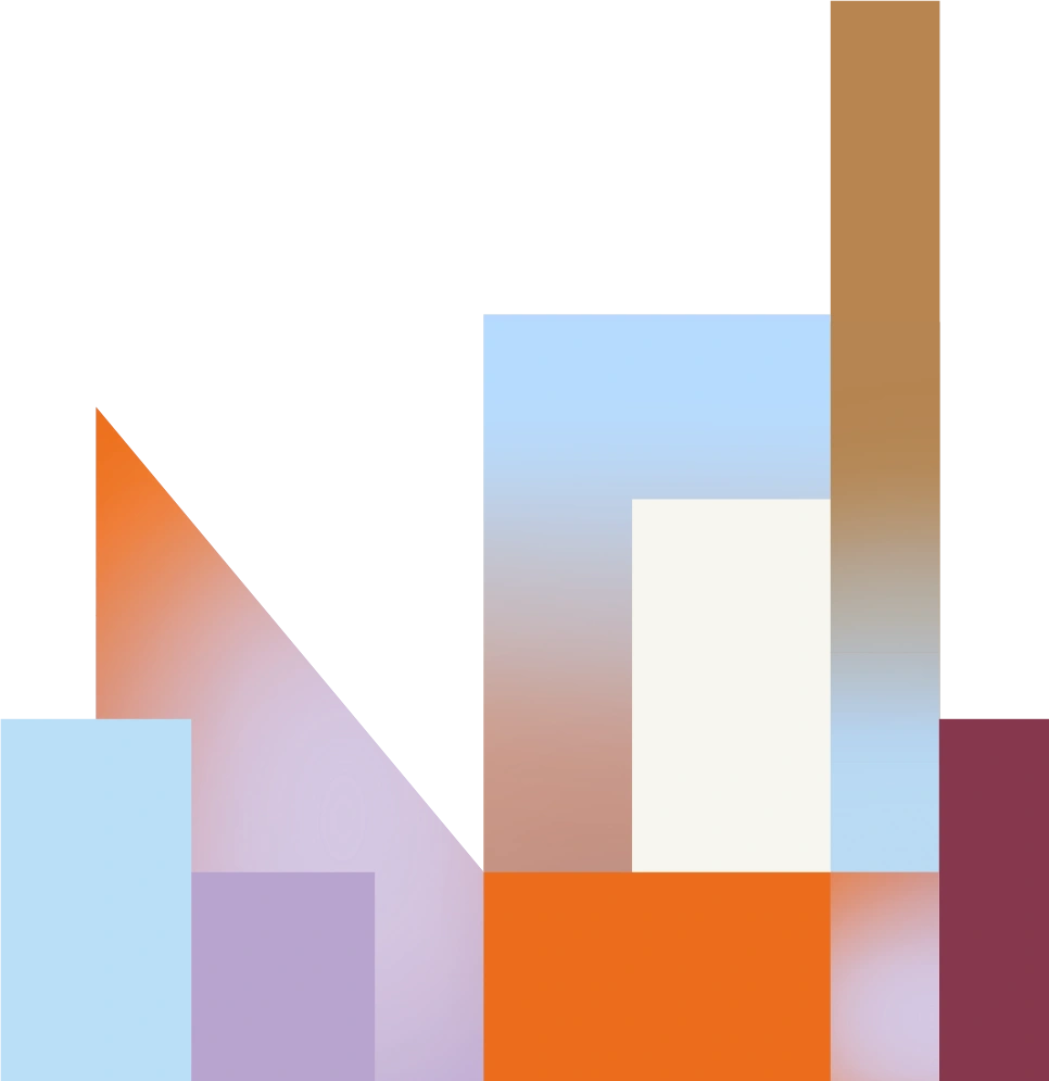 Abstrakte geometrische Formen in Blau, Violett, Orange, Braun und Bordeaux überlagern sich auf weißem Hintergrund und bilden Rechtecke und Dreiecke im minimalistischen, modernen Kunststil – eine Ästhetik, die perfekt zu Büro-, Produktions- und Werkstattflächen in Düren passt, bei denen sowohl Kreativität als auch zeitgenössisches Design großgeschrieben werden.